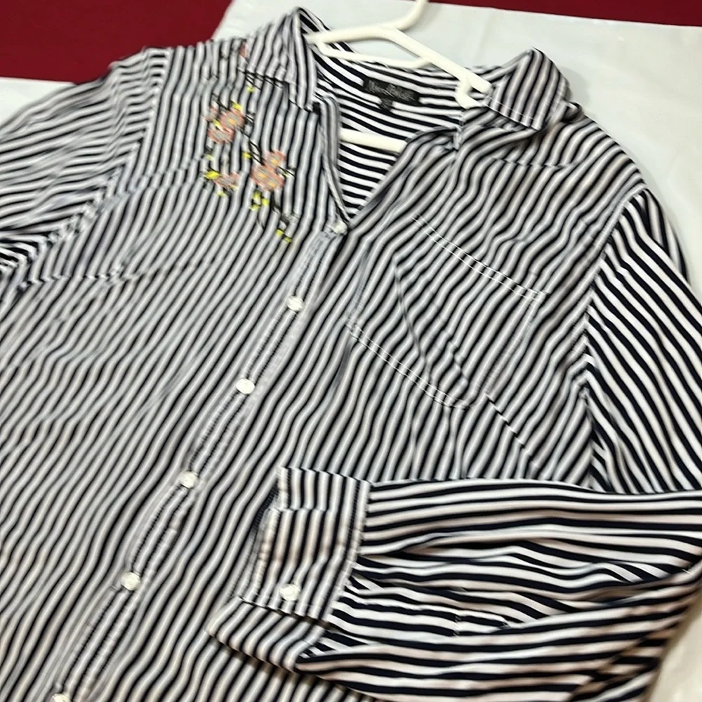 New leaf black vertical striped rayon BLOUSE pink blue floral embroidery 2XL XXL - Picture 7 of 14